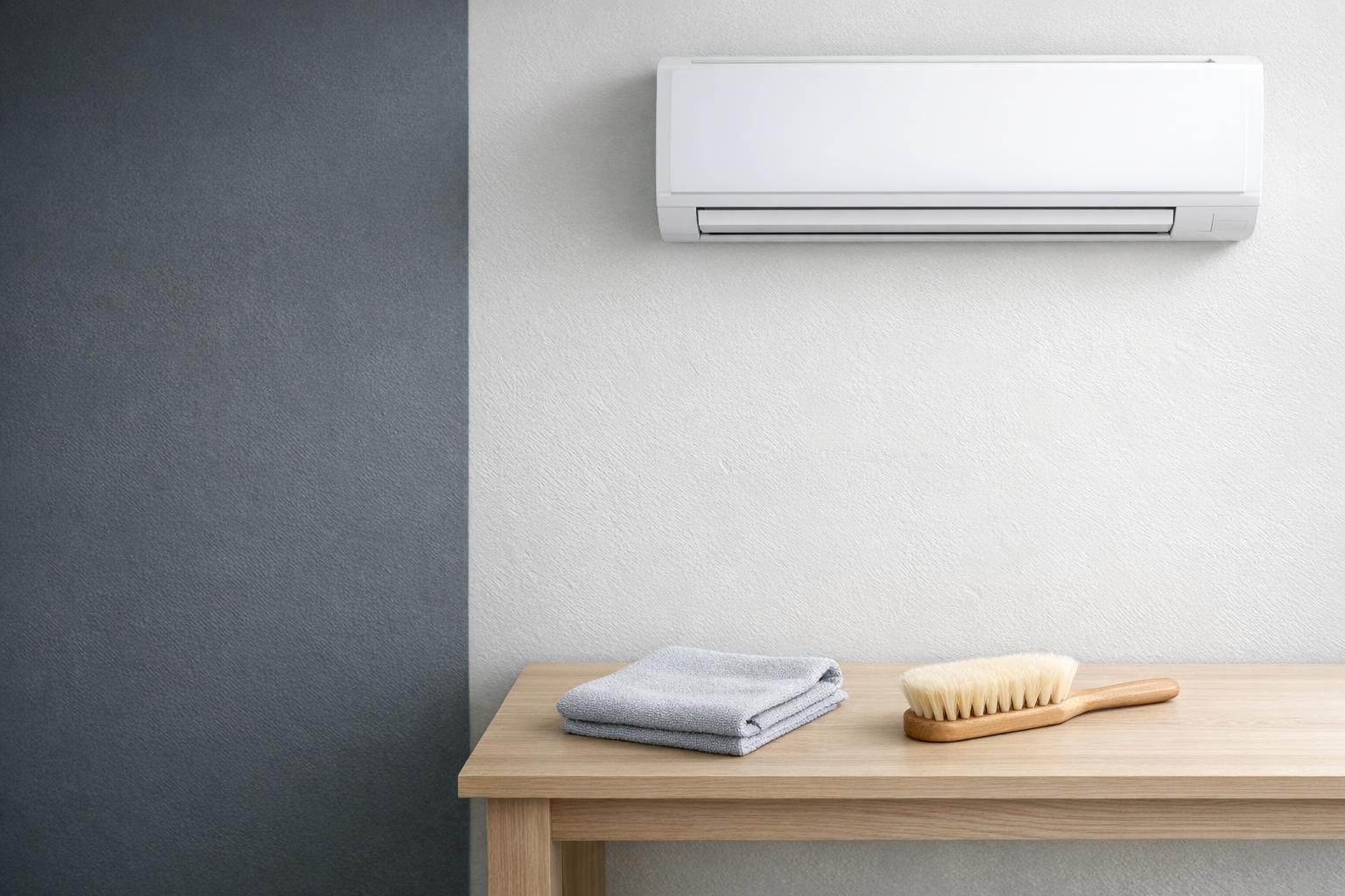Wall-mounted air conditioner above a bench with towels and a brush.