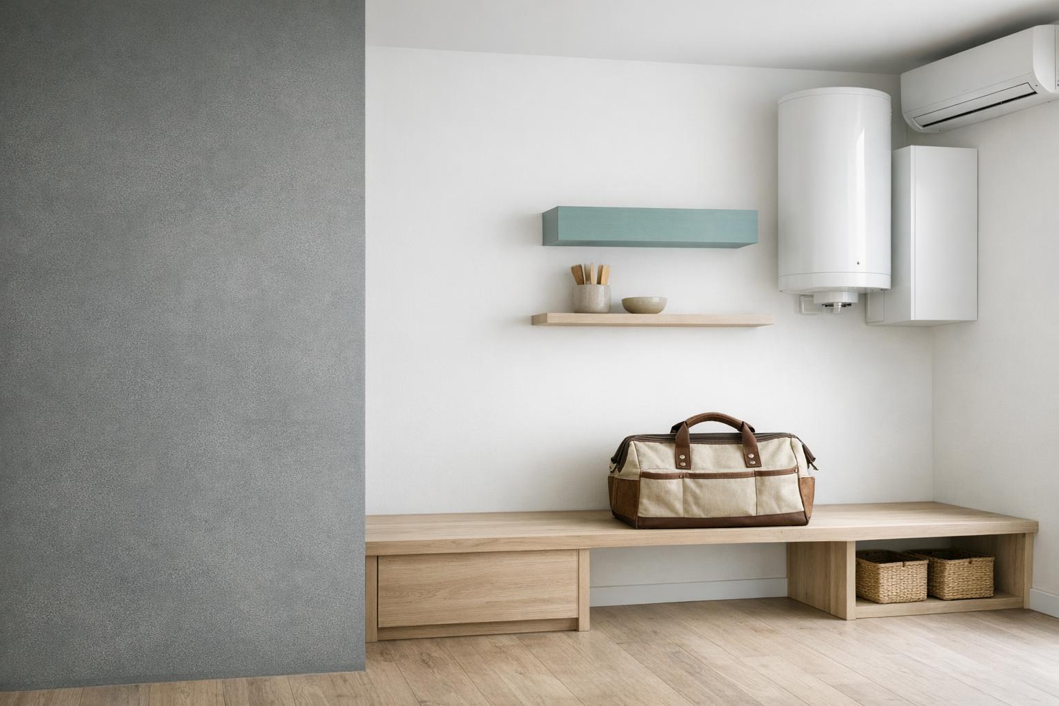 Bench and tool bag beneath wall-mounted appliances.